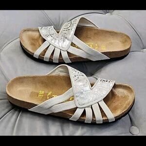 TATAMI by BIRKENSTOCK Silver Leather Strapy Slides Sandal Womens Shoes Flat 38 7